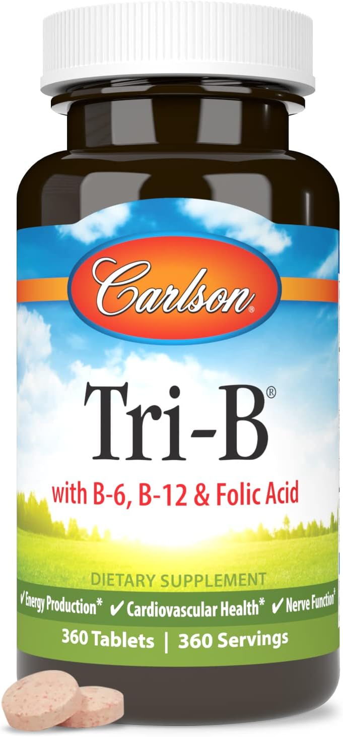 Carlson Tri-B Vitamin B Complex Tablets 360 Count - 25mg B-6, 400mcg B-12, Folic Acid Energy Pills for Heart Health - B12 Supplement, B Vitamin Complex