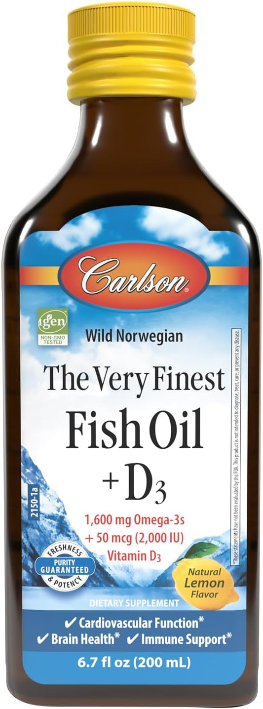 Carlson Very Finest Fish Oil + D3 1600mg Omega-3s 50mcg (2000 IU) Vitamin D3 Liquid Supplement Lemon 200mL