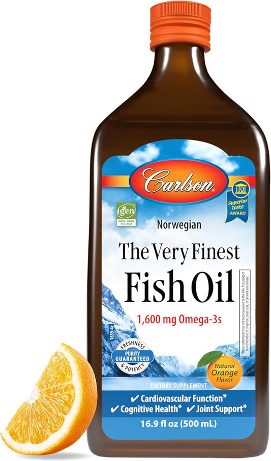 Carlson Very Finest Liquid Fish Oil Supplement, 1600 mg Omega-3s, Norwegian Wild-Caught Fish Oil, Orange Flavor, 16.9 Fl Oz