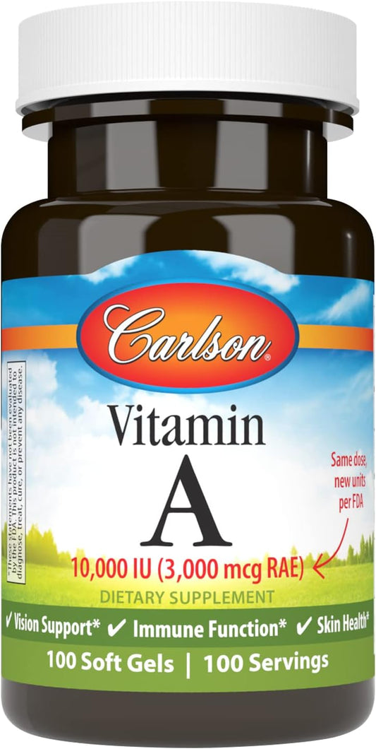 Carlson Vitamin A Softgels - 10000 IU (3000 mcg RAE) for Vision Health - 100 Count