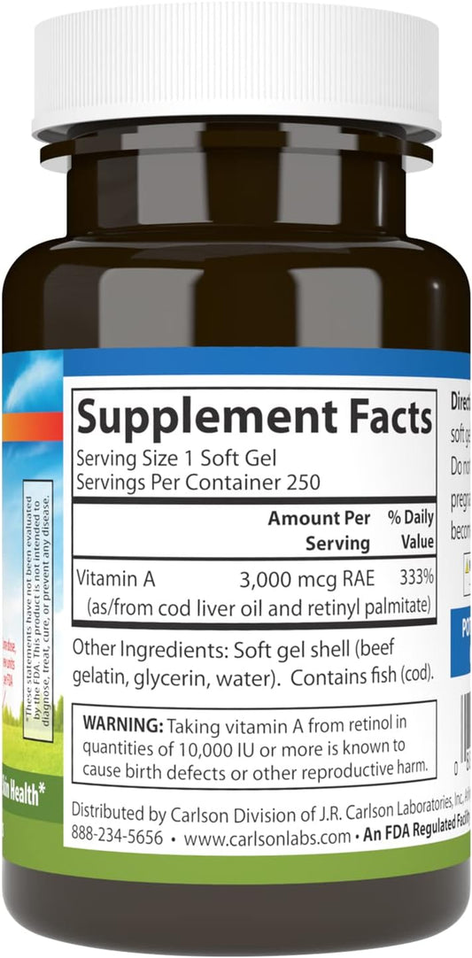 Carlson Vitamin A Softgels - 10000 IU (3000 mcg RAE) for Vision Health - 250 Count