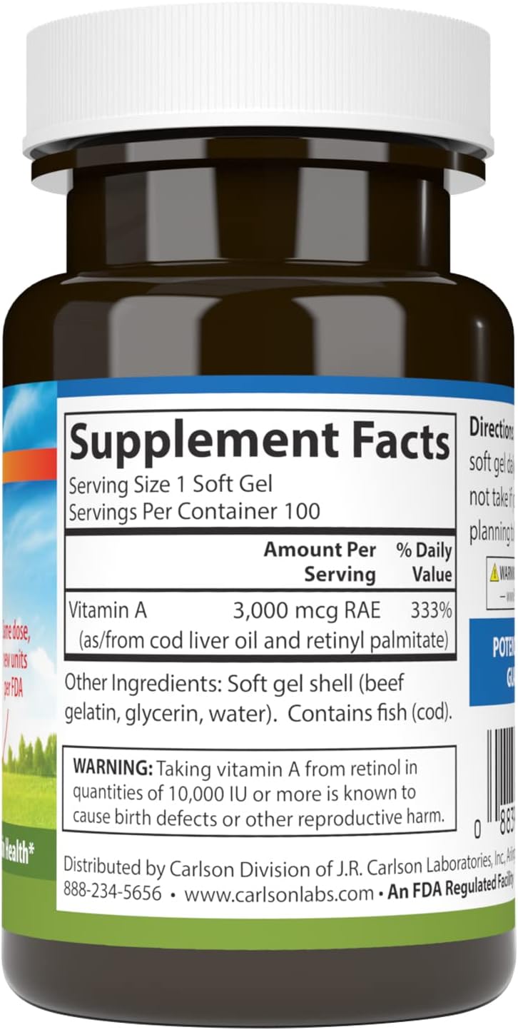 Carlson Vitamin A Softgels - 10000 IU (3000 mcg RAE) for Vision Health - 100 Count