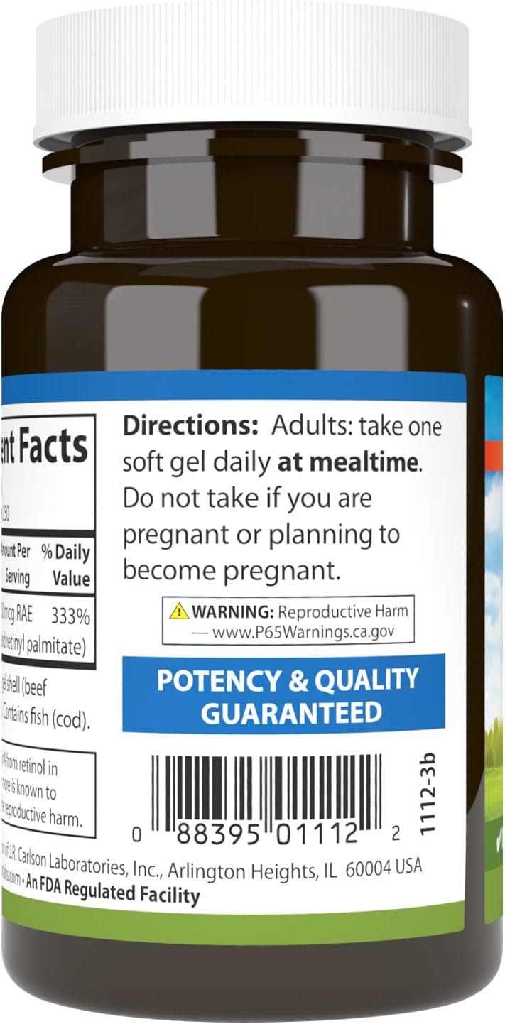 Carlson Vitamin A Softgels - 10000 IU (3000 mcg RAE) for Vision Health - 250 Count