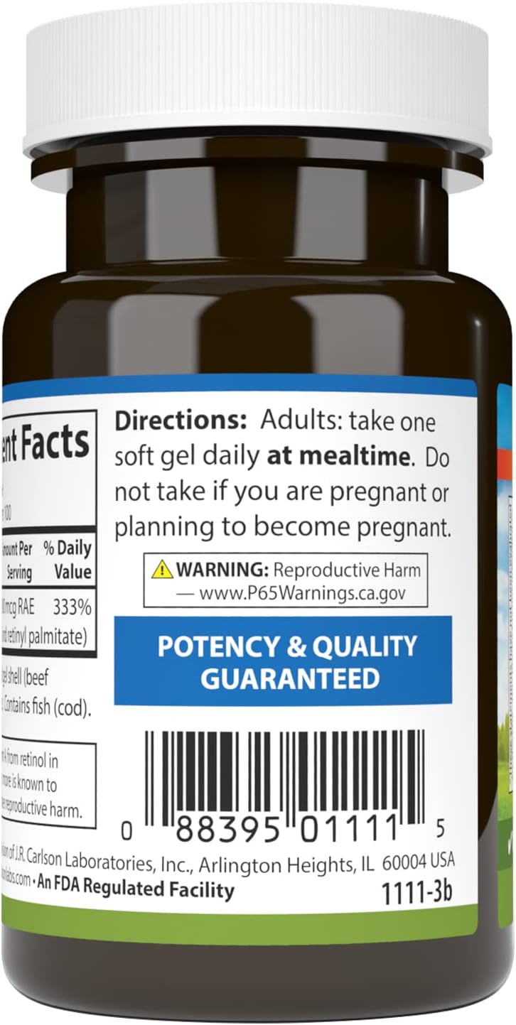 Carlson Vitamin A Softgels - 10000 IU (3000 mcg RAE) for Vision Health - 100 Count