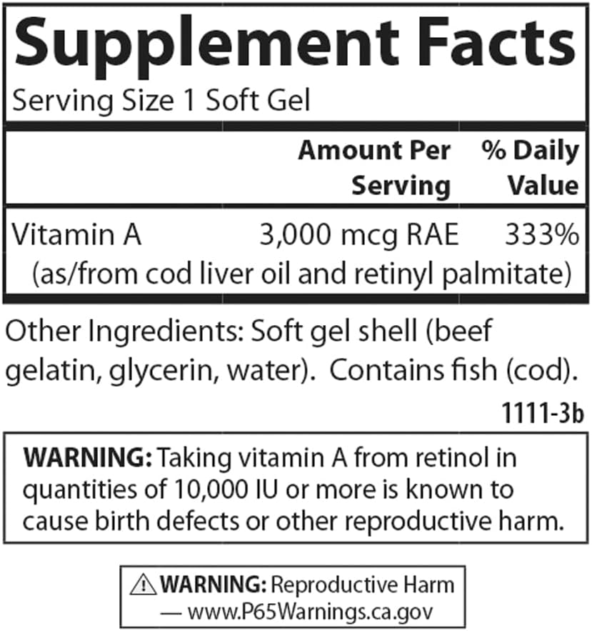 Carlson Vitamin A Softgels - 10000 IU (3000 mcg RAE) for Vision Health - 100 Count