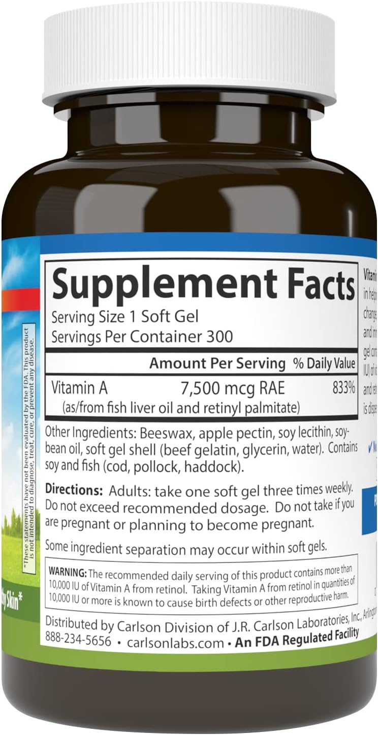 Carlson Vitamin A Softgels with Pectin for Vision and Skin Health - 25,000 IU - 300 Count