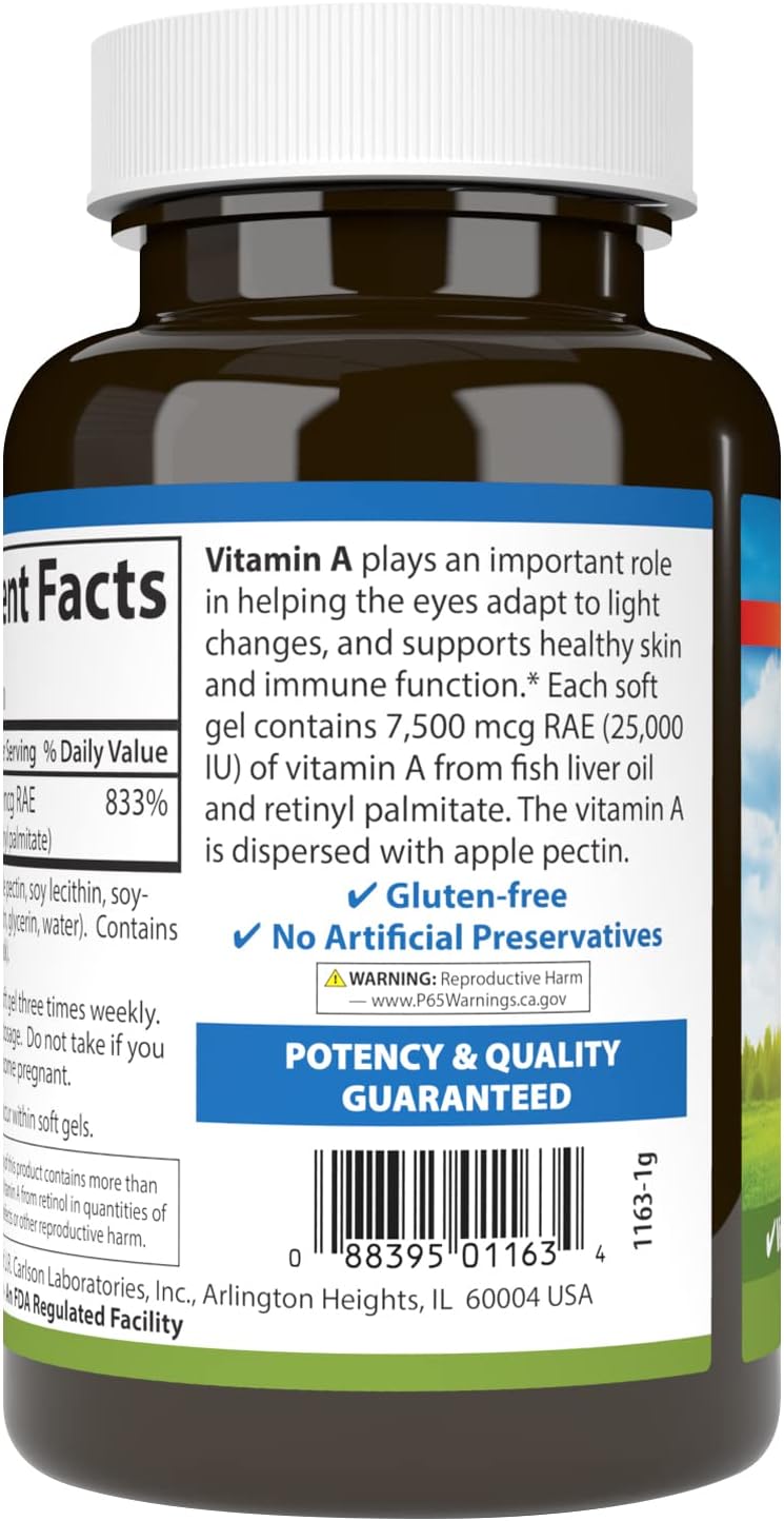 Carlson Vitamin A Softgels with Pectin for Vision and Skin Health - 25,000 IU - 300 Count
