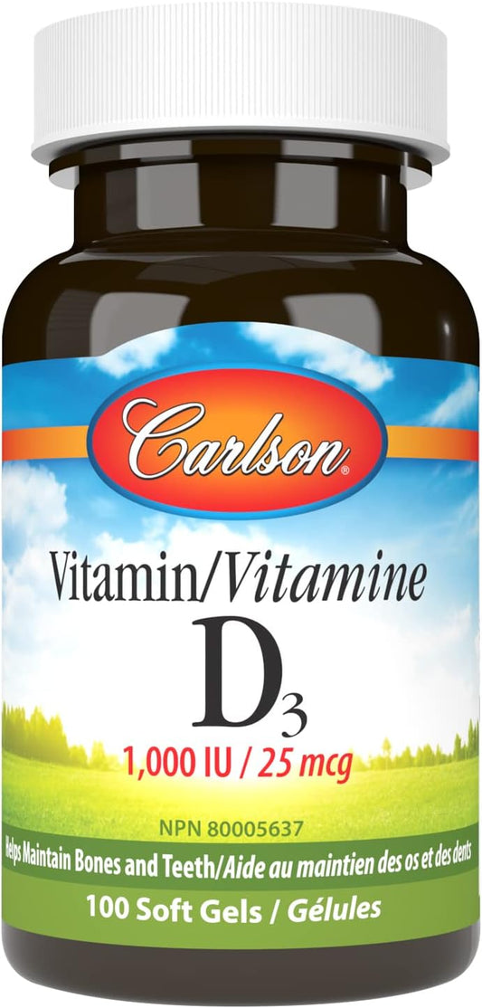 Carlson Vitamin D3 1000 IU Softgels - Pack of 100 for Immune Support and Bone Health
