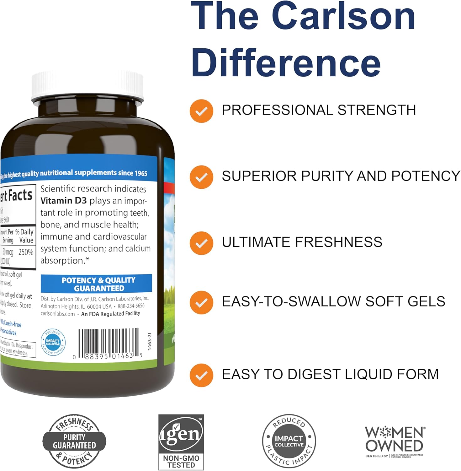 Carlson Vitamin D3 2000 IU Softgels for Bone & Immune Health - Gluten Free Cholecalciferol Supplement, 360 Capsules