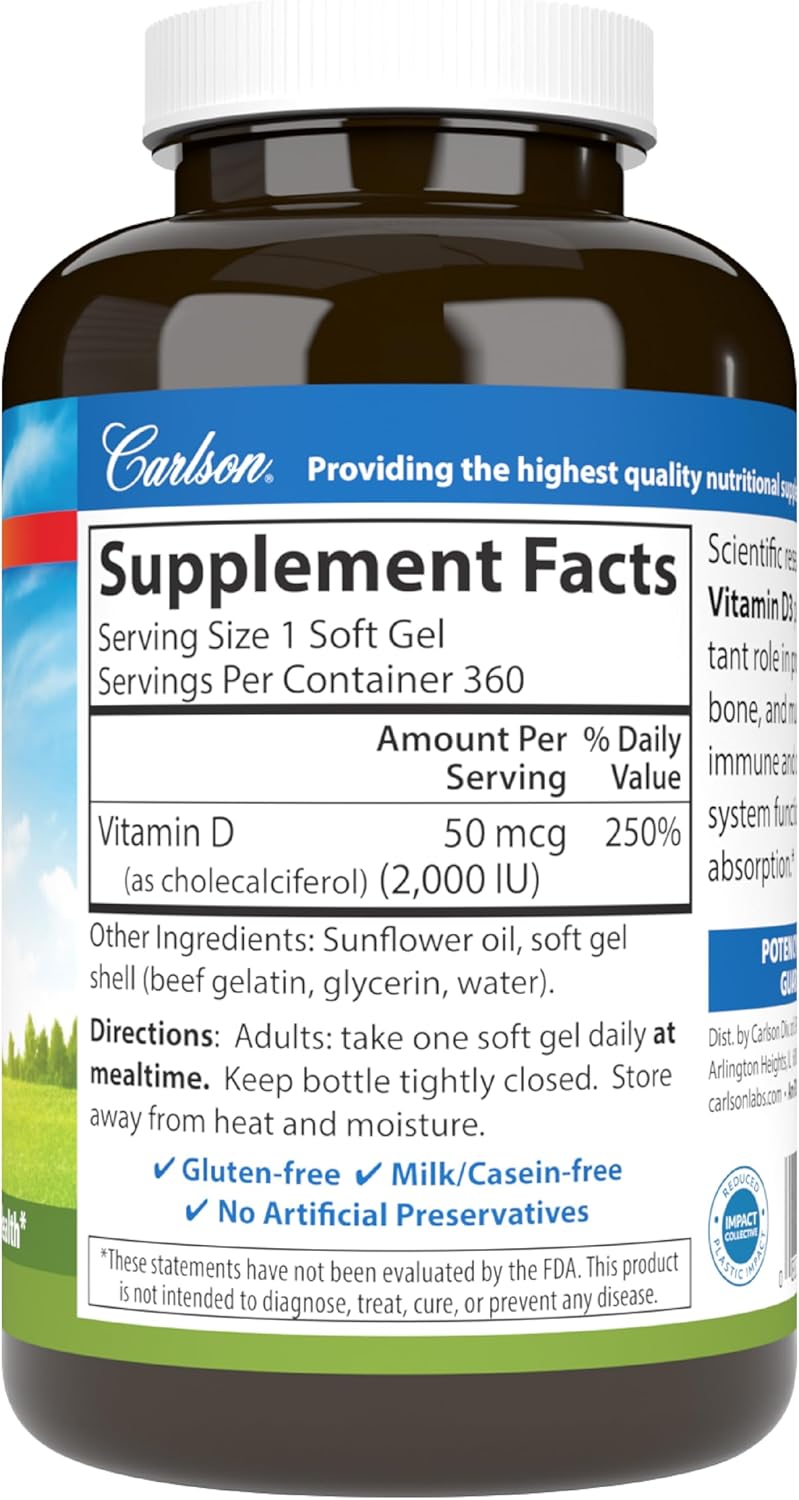 Carlson Vitamin D3 2000 IU Softgels for Bone & Immune Health - Gluten Free Cholecalciferol Supplement, 360 Capsules