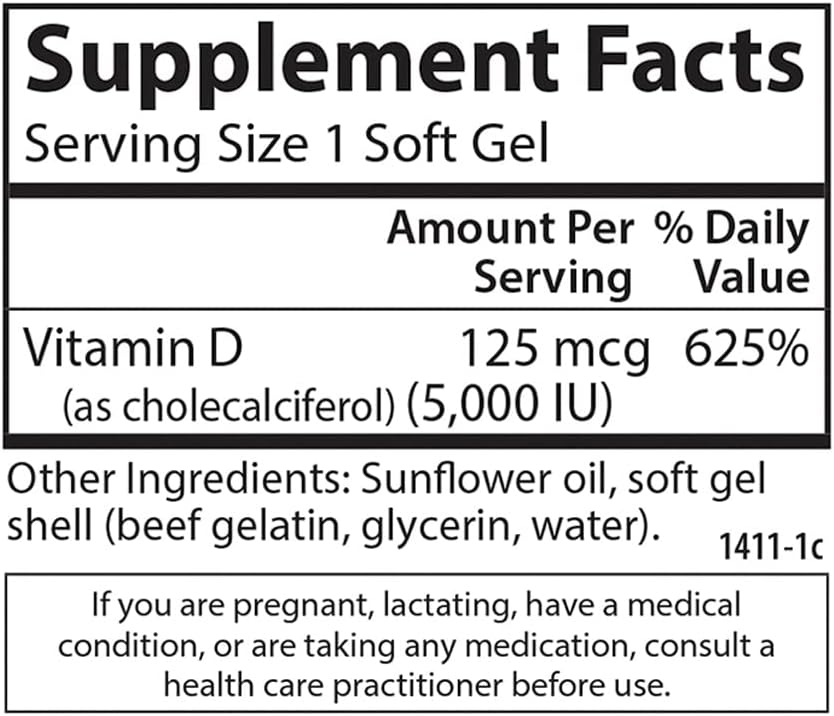 Carlson Vitamin D3 5000 IU Softgels for Bone and Muscle Health - 120 Count