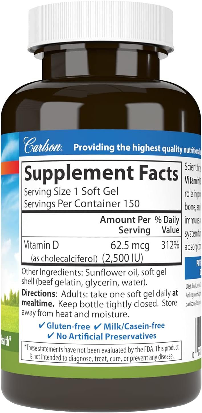 Carlson Vitamin D3 Soft Gels - 2500 IU (62.5 mcg) for Immune, Bone, and Muscle Health - 150 Softgels