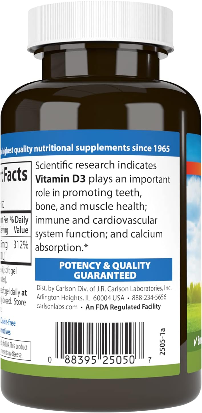 Carlson Vitamin D3 Soft Gels - 2500 IU (62.5 mcg) for Immune, Bone, and Muscle Health - 150 Softgels