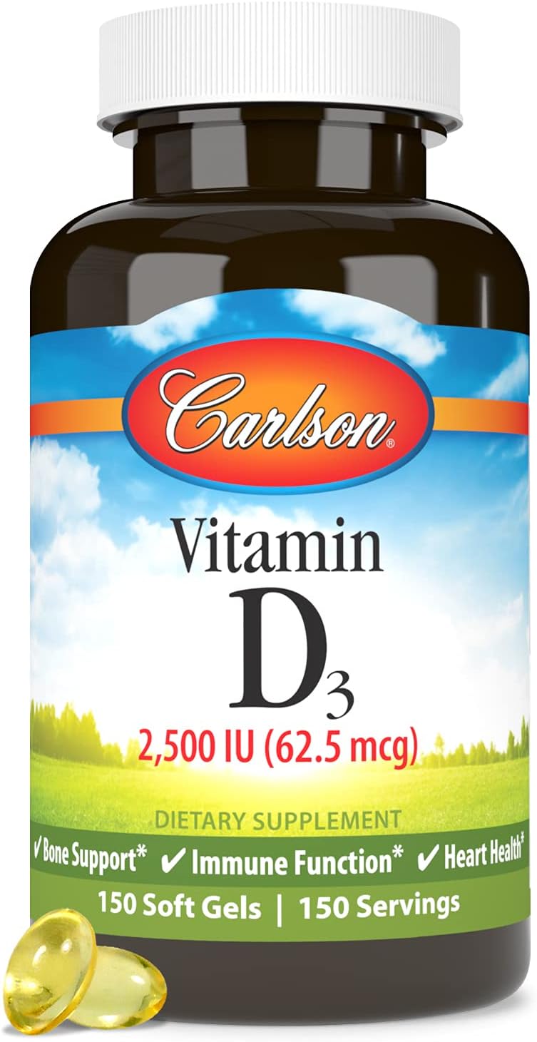 Carlson Vitamin D3 Soft Gels - 2500 IU (62.5 mcg) for Immune, Bone, and Muscle Health - 150 Softgels