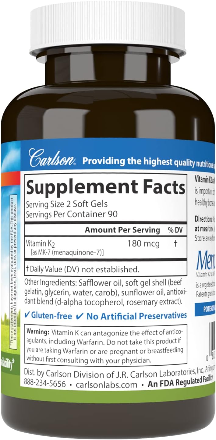 Carlson Vitamin K2 MK-7 Softgels - 180 mcg Bone Support and Calcium Bioavailability