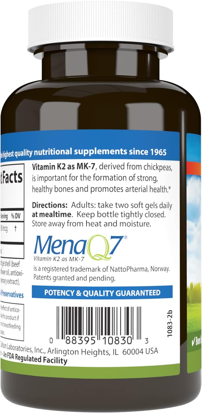 Carlson Vitamin K2 MK-7 Softgels - 180 mcg Bone Support and Calcium Bioavailability