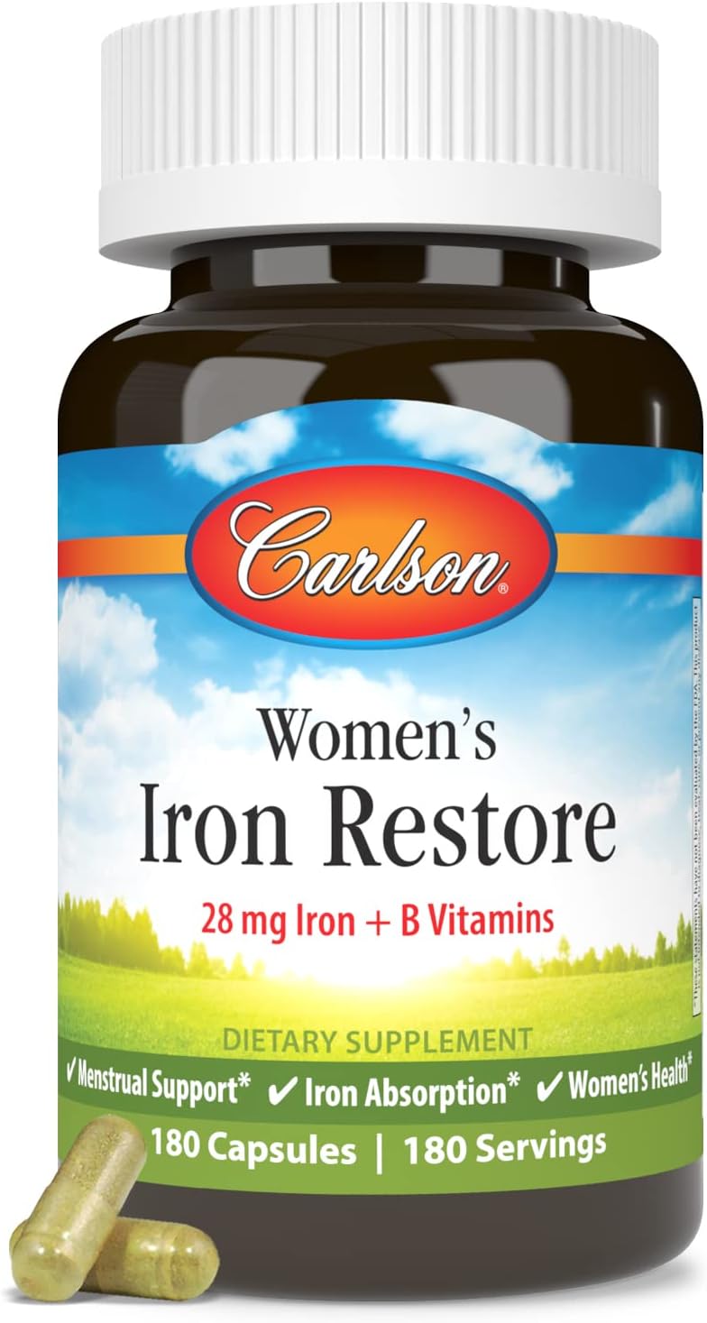 Carlson Women's Iron Restore Capsules - 28mg Iron + B Vitamins for Menstrual Support & Women's Health - 180 Count