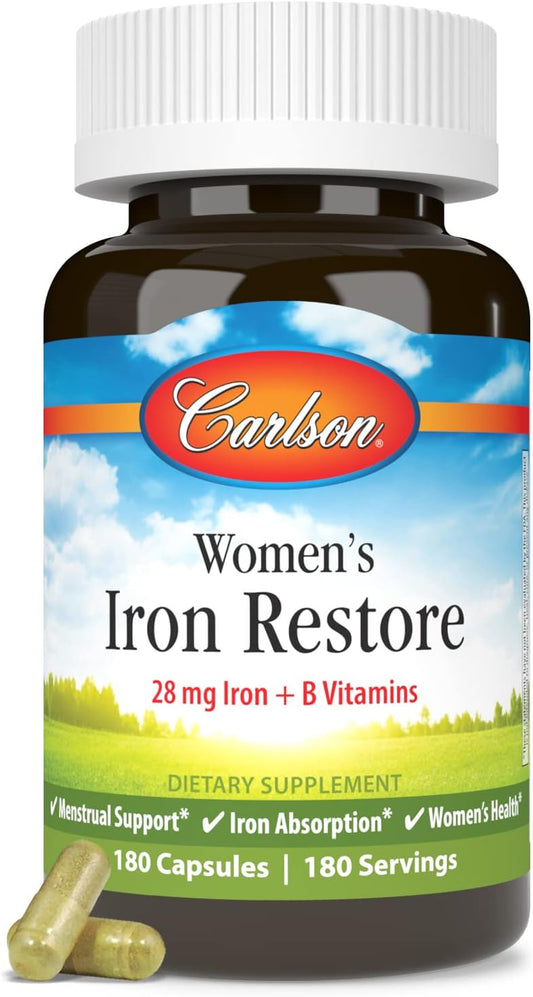 Carlson Women's Iron Restore Capsules - 28mg Iron + B Vitamins for Menstrual Support & Women's Health - 180 Count