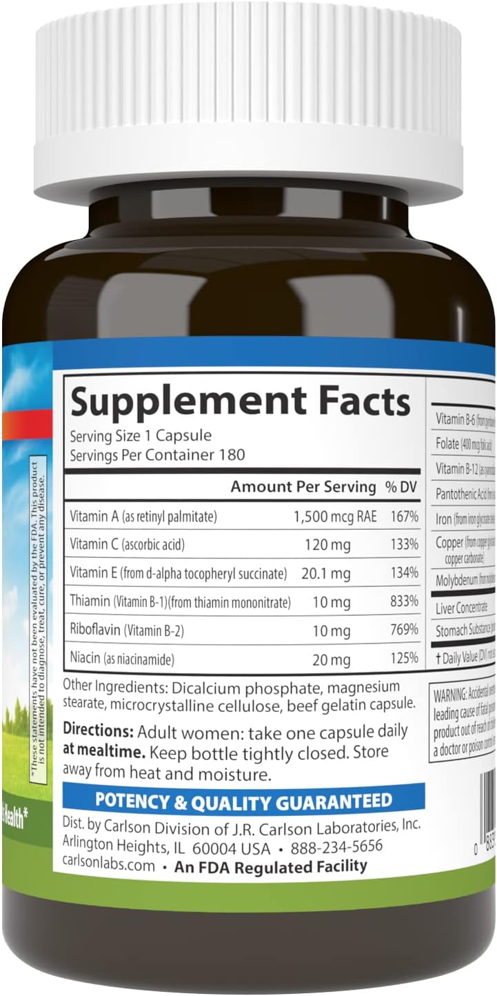 Carlson Women's Iron Restore Capsules - 28mg Iron + B Vitamins for Menstrual Support & Women's Health - 180 Count