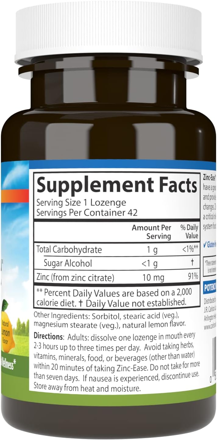 Carlson Zinc-Ease Lemon Lozenges for Immune Support and Antioxidant Benefits - 42 Count