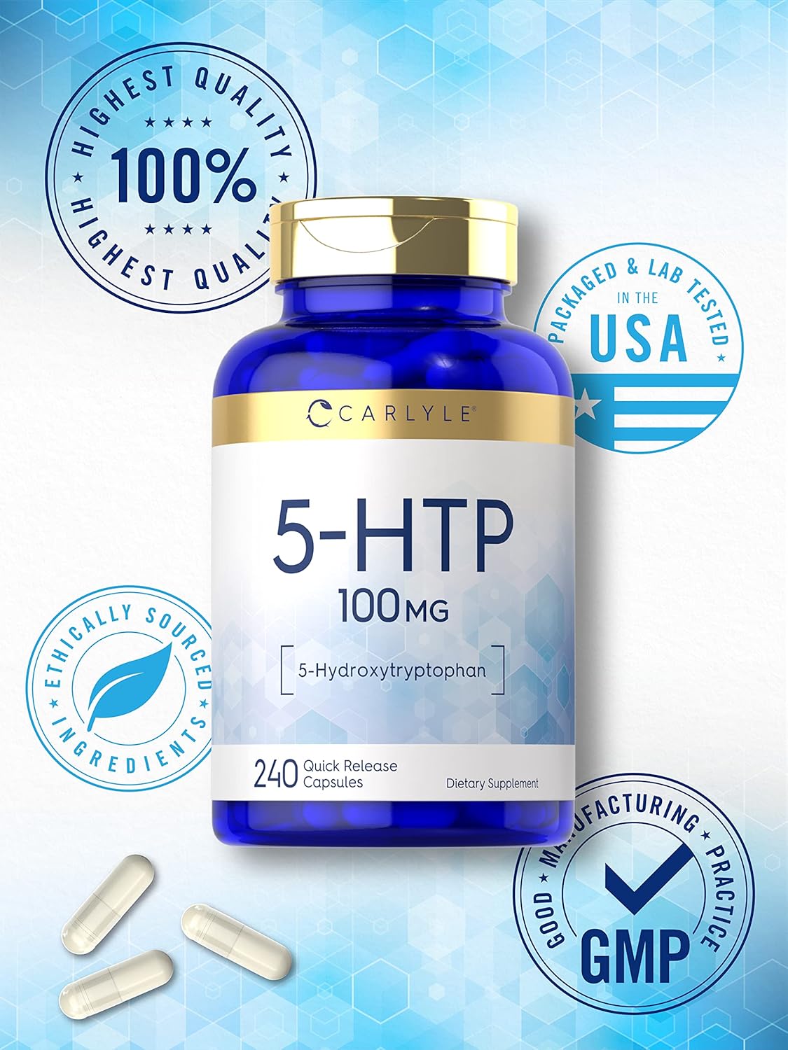 Carlyle 5-HTP 100mg 240 Capsules - Non-GMO Gluten Free 5-Hydroxytryptophan Supplement