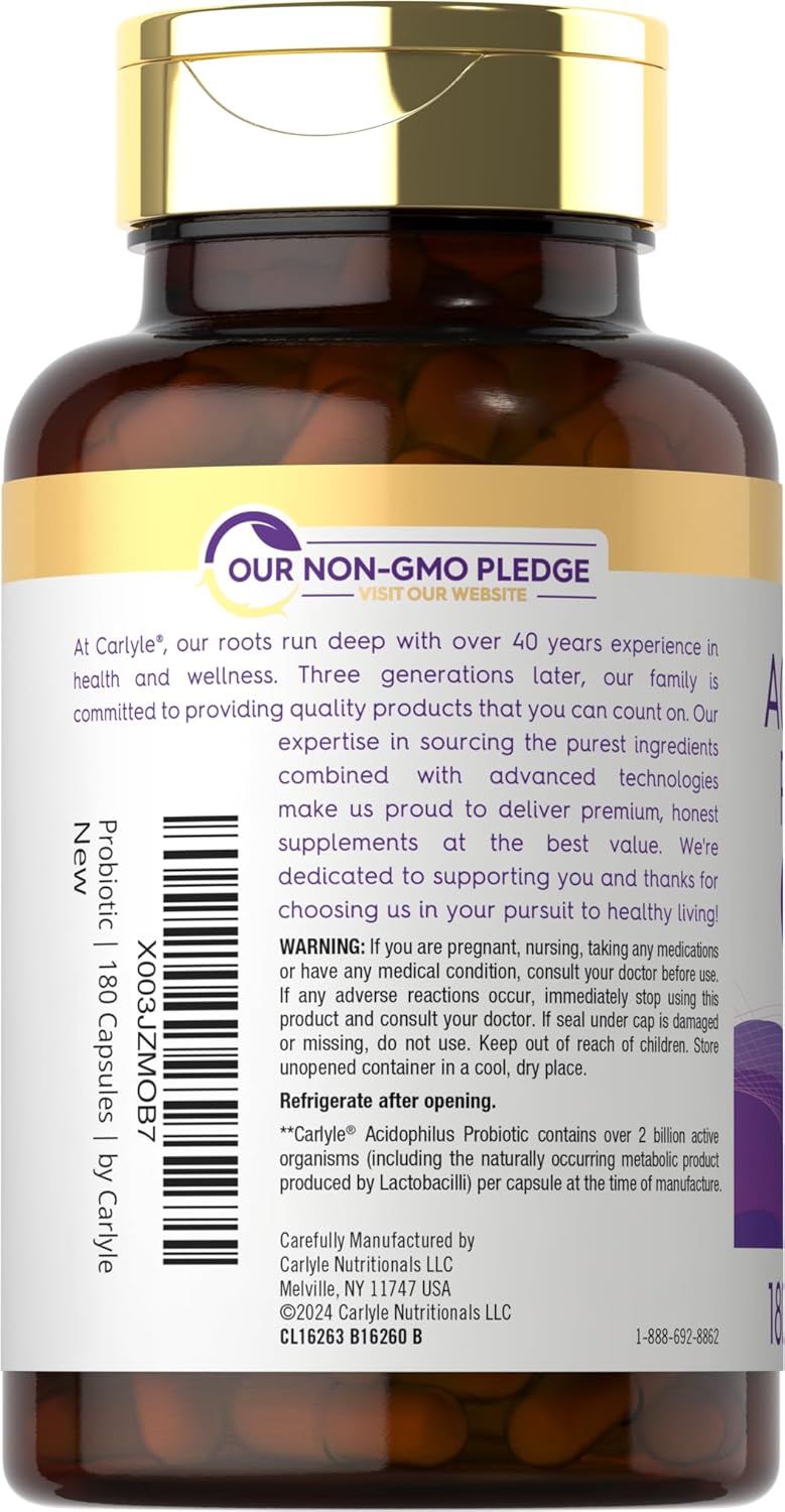 Carlyle Acidophilus Probiotic Capsules for Men and Women | 2 Billion CFU | 180 Quick Release Non-GMO Gluten Free Supplements