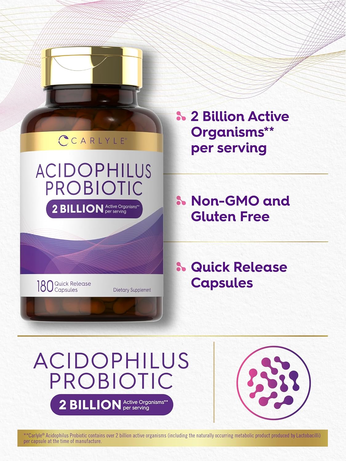 Carlyle Acidophilus Probiotic Capsules for Men and Women | 2 Billion CFU | 180 Quick Release Non-GMO Gluten Free Supplements