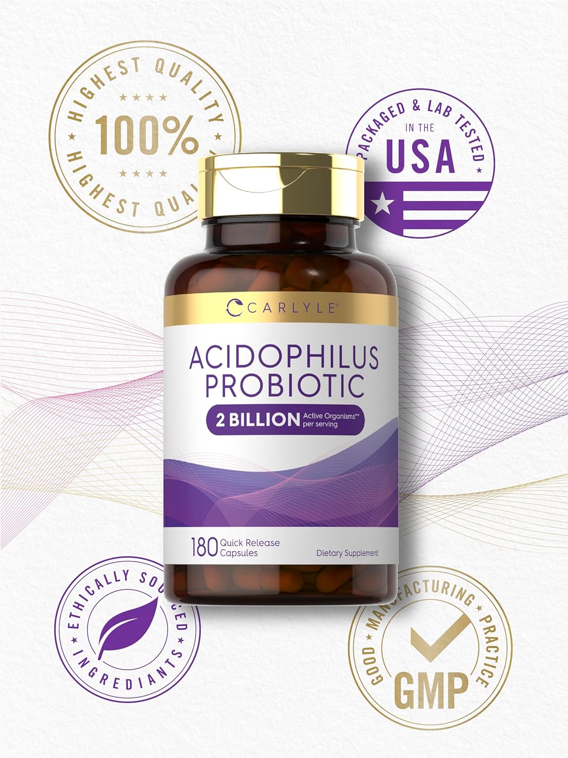 Carlyle Acidophilus Probiotic Capsules for Men and Women | 2 Billion CFU | 180 Quick Release Non-GMO Gluten Free Supplements