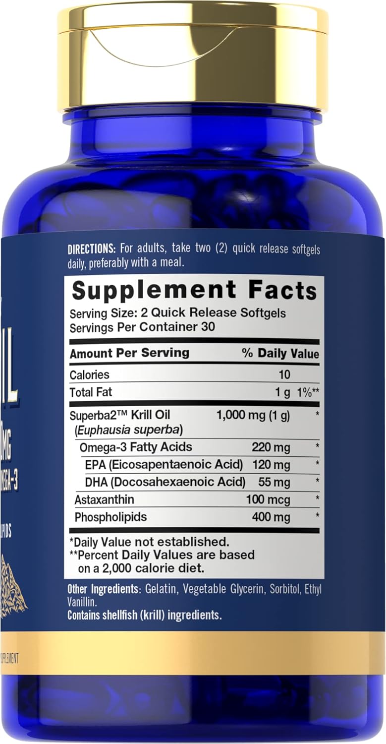 Carlyle Antarctic Krill Oil 1000mg Softgels - 60 Count Superba Supplement - Omega 3 EPA DHA Astaxanthin Phospholipids - Non-GMO & Gluten Free
