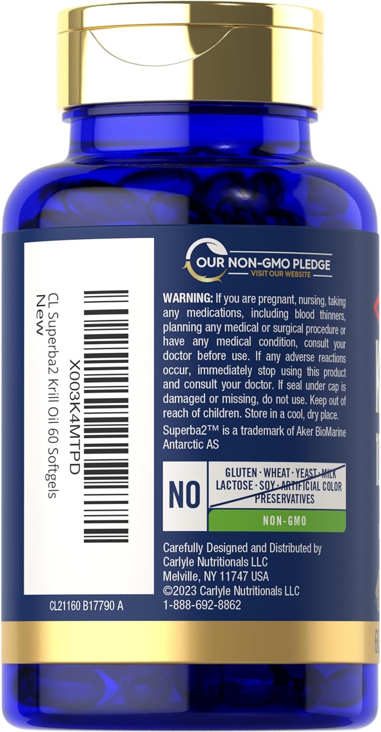 Carlyle Antarctic Krill Oil 1000mg Softgels - 60 Count Superba Supplement - Omega 3 EPA DHA Astaxanthin Phospholipids - Non-GMO & Gluten Free