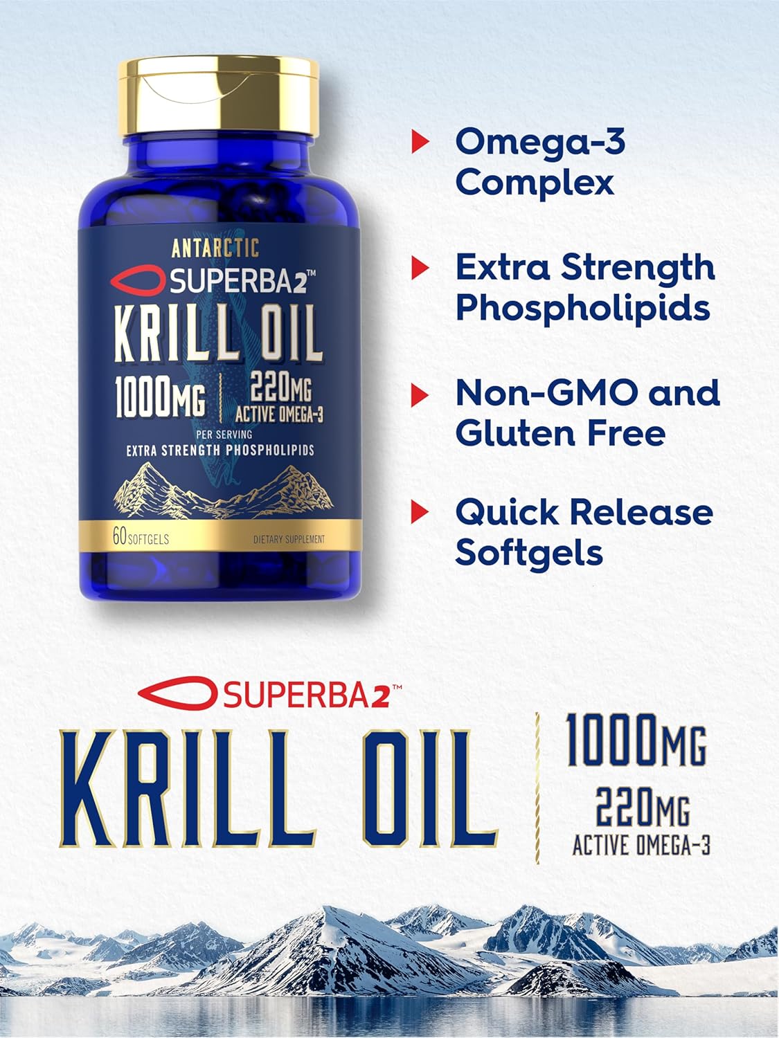 Carlyle Antarctic Krill Oil 1000mg Softgels - 60 Count Superba Supplement - Omega 3 EPA DHA Astaxanthin Phospholipids - Non-GMO & Gluten Free