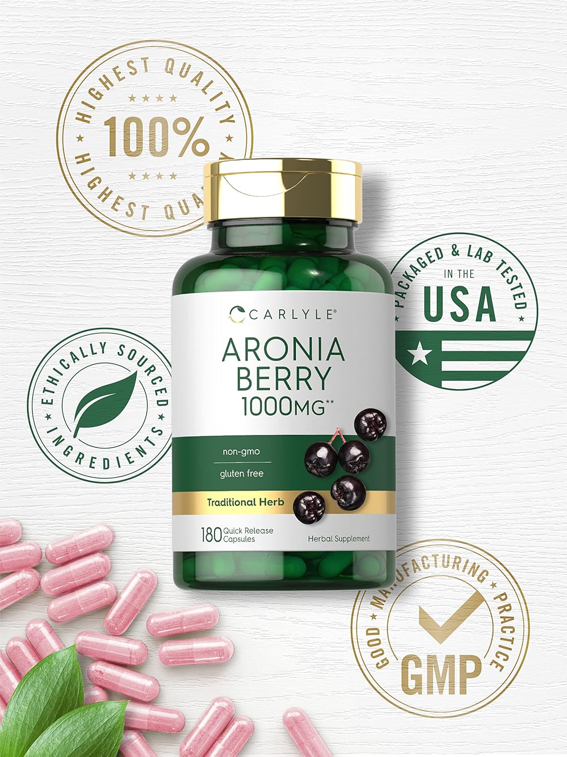 Carlyle Aronia Berry Capsules - 1000mg | 180 Count | Non-GMO & Gluten Free