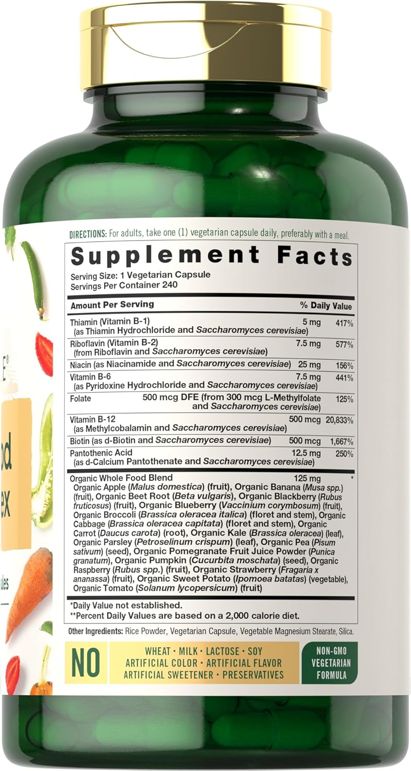 Carlyle B Complex with Whole Food Blend Formula 240 Capsules L-Methylfolate Non-GMO Vegetarian Supplement