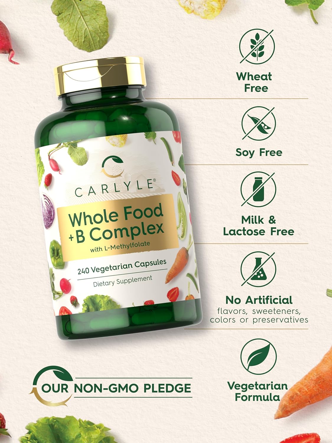 Carlyle B Complex with Whole Food Blend Formula 240 Capsules L-Methylfolate Non-GMO Vegetarian Supplement