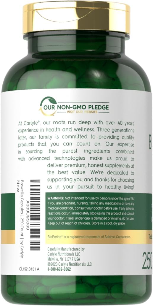 Carlyle Boswellia Serrata Complex Capsules 1200mg | 250 Count | with Black Pepper Extract | Non-GMO, Gluten Free Supplement