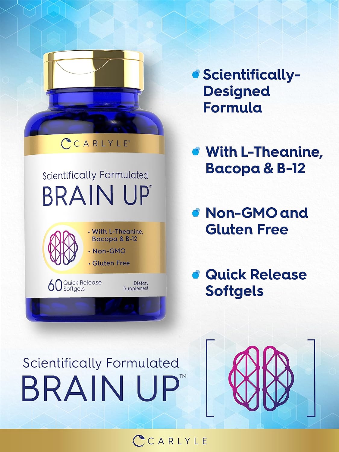 Carlyle Brain Health Supplement | 60 Softgels | Enhanced with L-Theanine, Bacopa & B-12 | Non-GMO, Gluten-Free