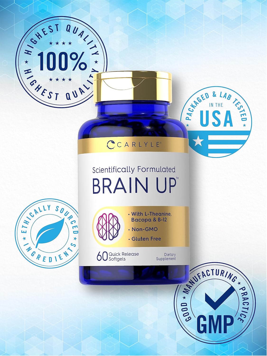 Carlyle Brain Health Supplement | 60 Softgels | Enhanced with L-Theanine, Bacopa & B-12 | Non-GMO, Gluten-Free