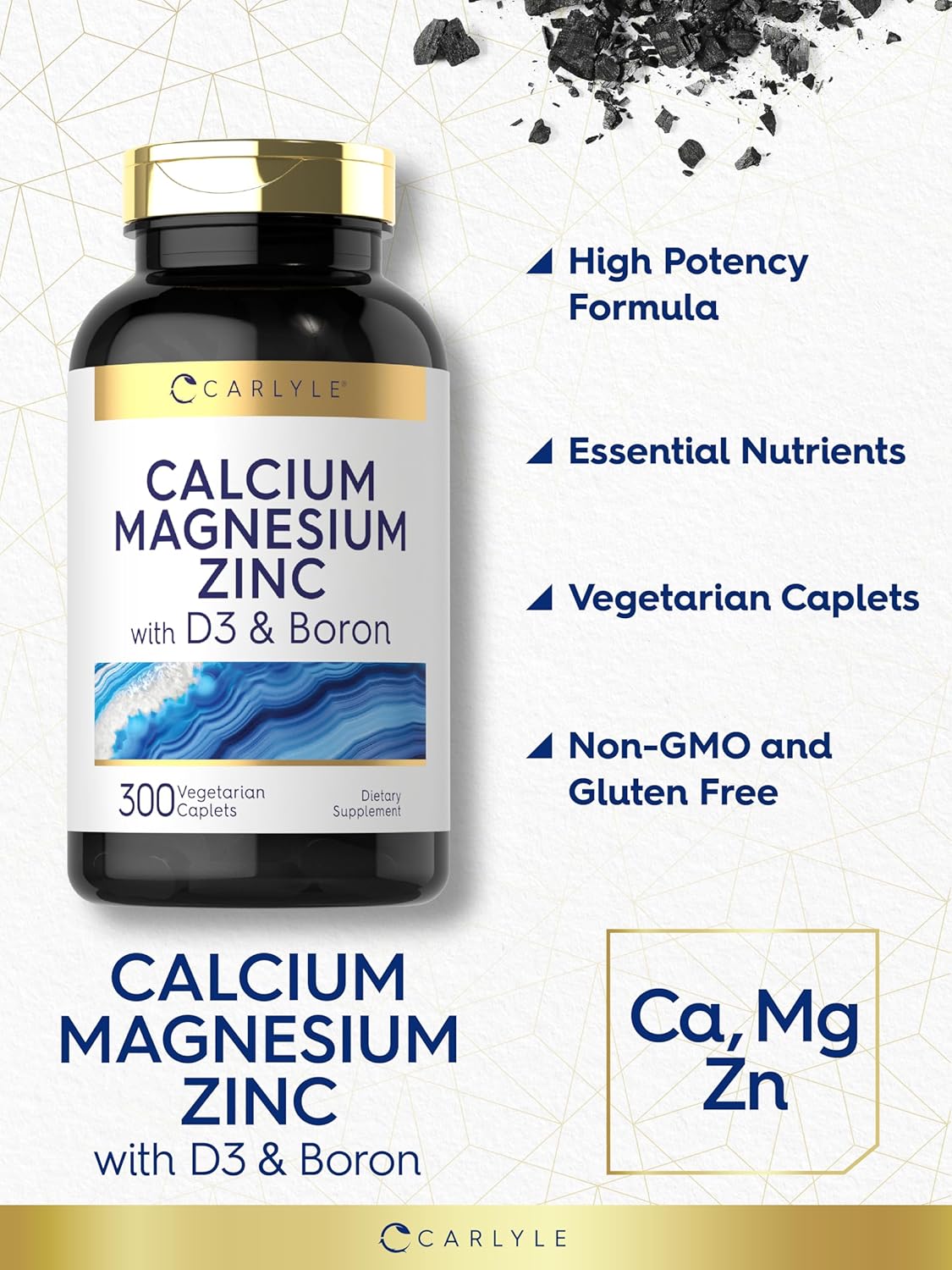 Carlyle Calcium Magnesium Zinc Vitamin D3 Supplement with Boron - 300 Caplets, Vegetarian Formula