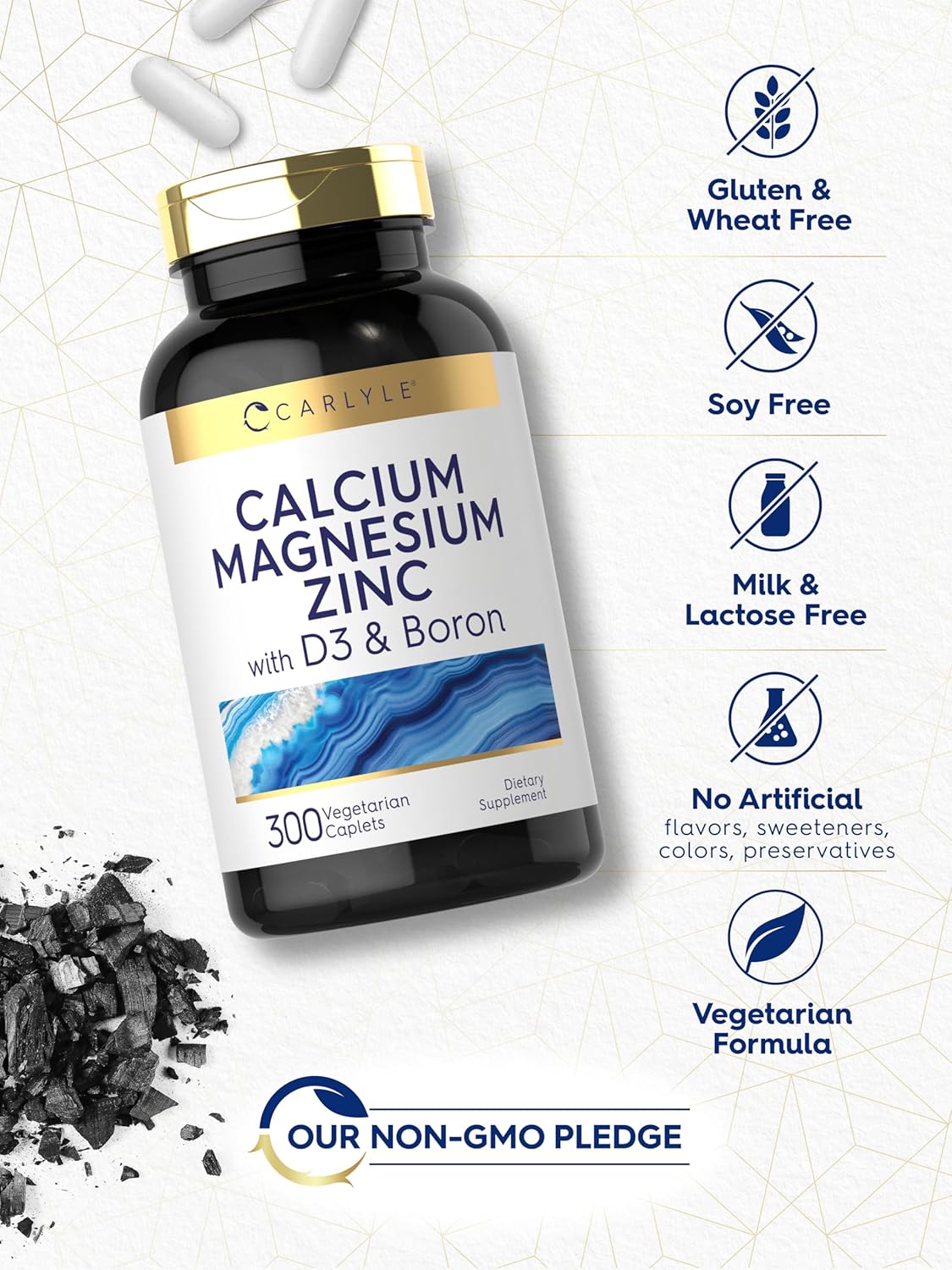 Carlyle Calcium Magnesium Zinc Vitamin D3 Supplement with Boron - 300 Caplets, Vegetarian Formula