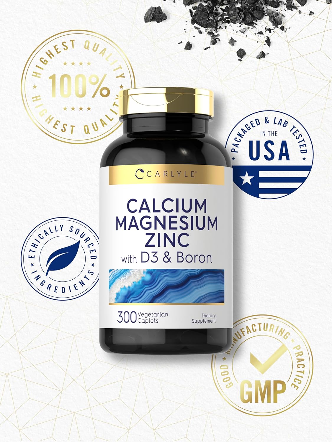 Carlyle Calcium Magnesium Zinc Vitamin D3 Supplement with Boron - 300 Caplets, Vegetarian Formula