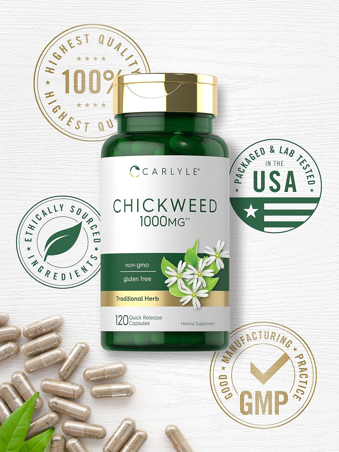 Carlyle Chickweed Herbal Supplement Capsules - 1,000mg, 120 Count - Non-GMO, Gluten Free Extract
