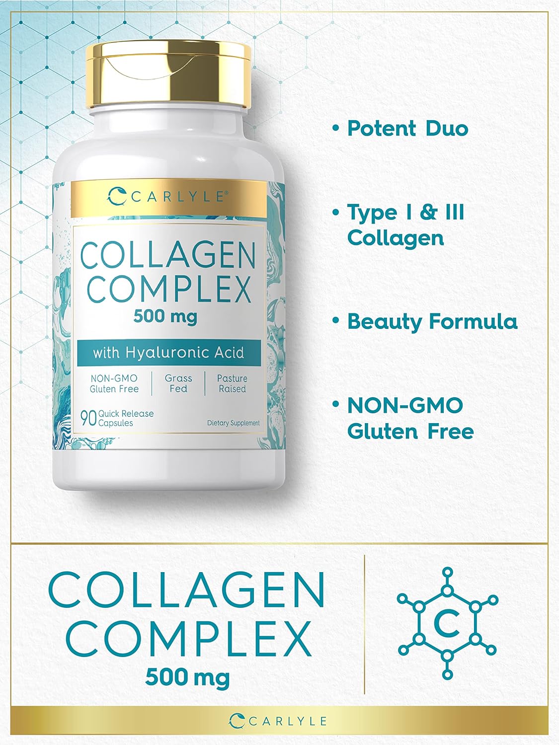 Carlyle Collagen and Hyaluronic Acid Capsules - 90 Count - Hydrolyzed Collagen Supplement - Non-GMO, Gluten Free