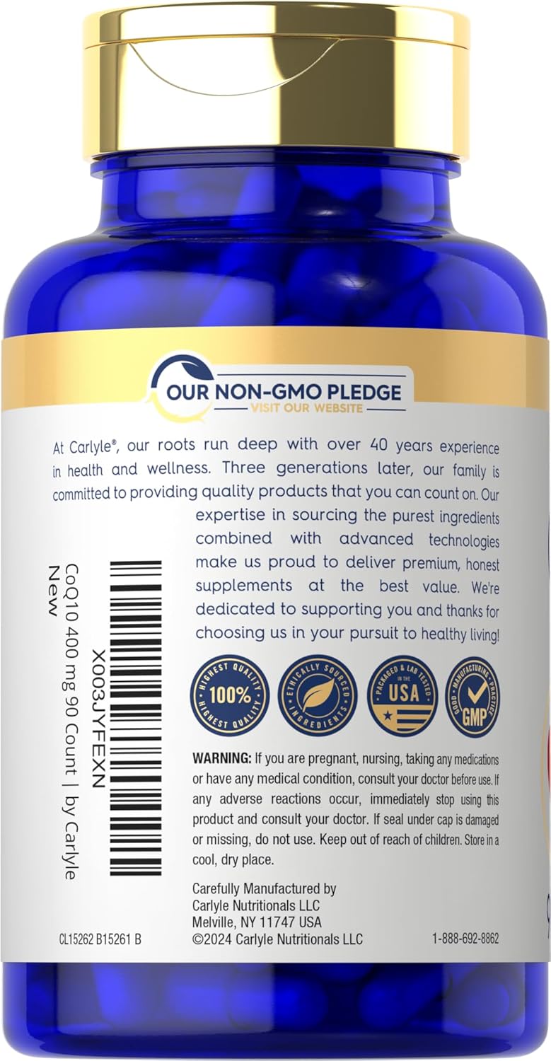 Carlyle CoQ10 400mg Capsules - 90 Count | Vegetarian, Non-GMO, Gluten-Free