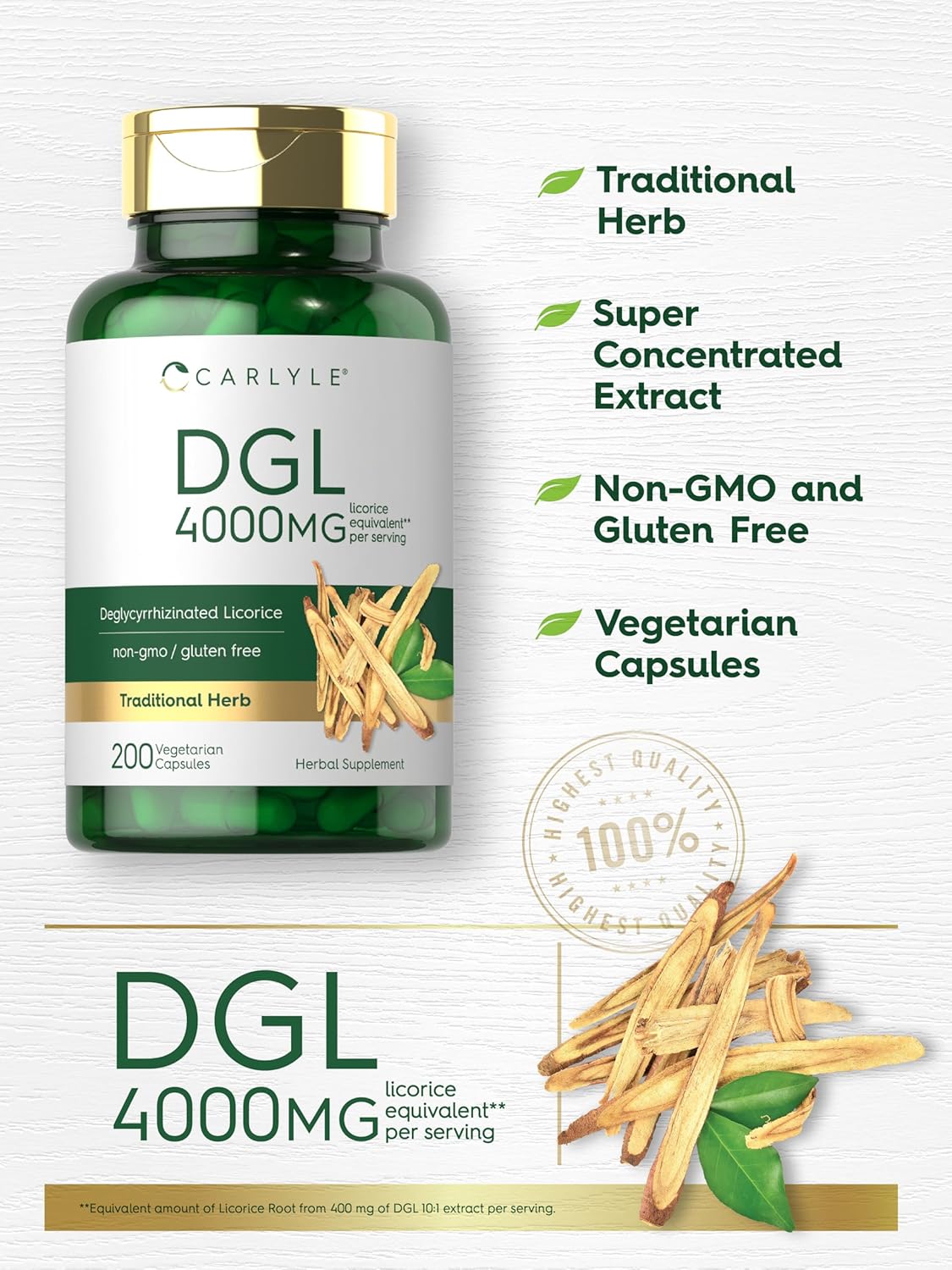 Carlyle DGL Licorice Capsules 4000mg | 200 Count | Vegetarian & Non-GMO Formula
