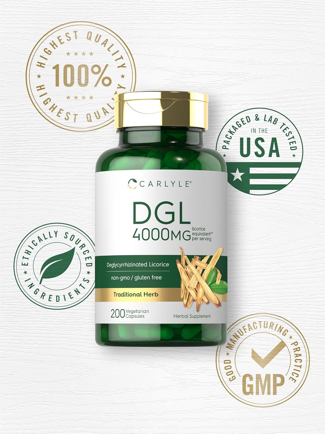 Carlyle DGL Licorice Capsules 4000mg | 200 Count | Vegetarian & Non-GMO Formula