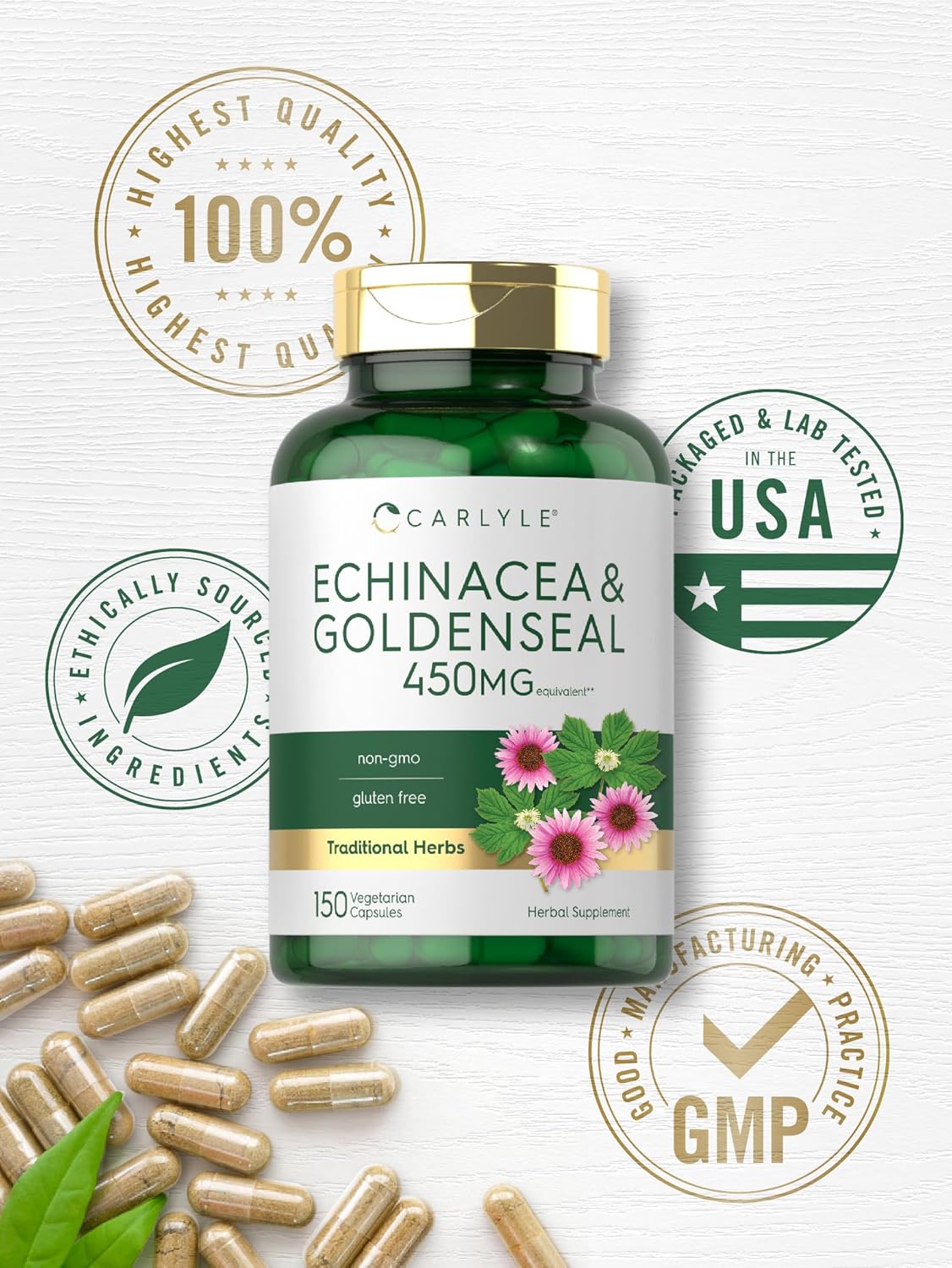 Carlyle Echinacea Goldenseal Capsules - 150 Count - Vegetarian, Non-GMO, Gluten Free - Immune Support Supplement