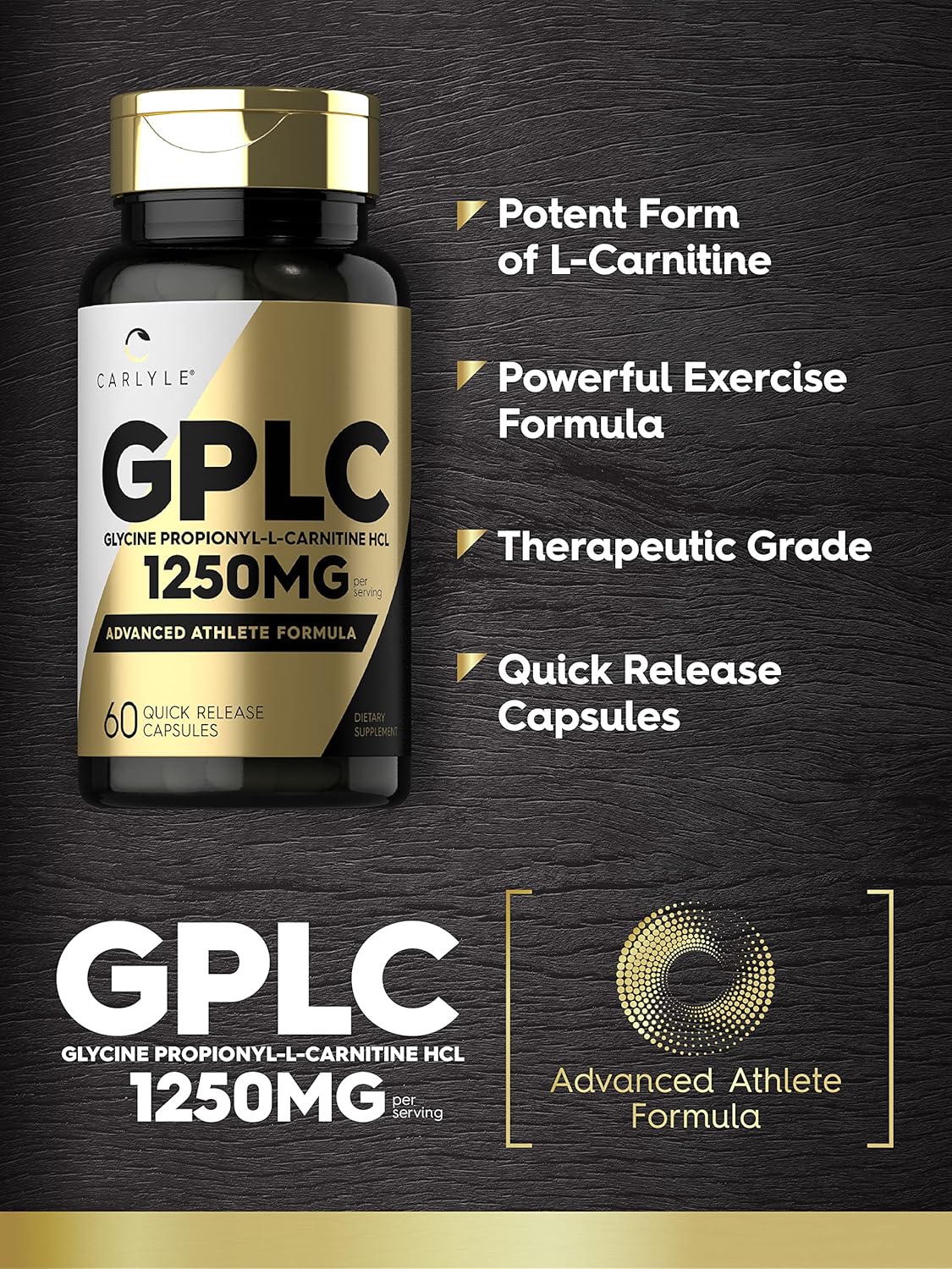 Carlyle GPLC Glycine Propionyl-L-Carnitine HCL 1250mg Supplement for Athletes - 60 Capsules - Non-GMO, Gluten Free Formula