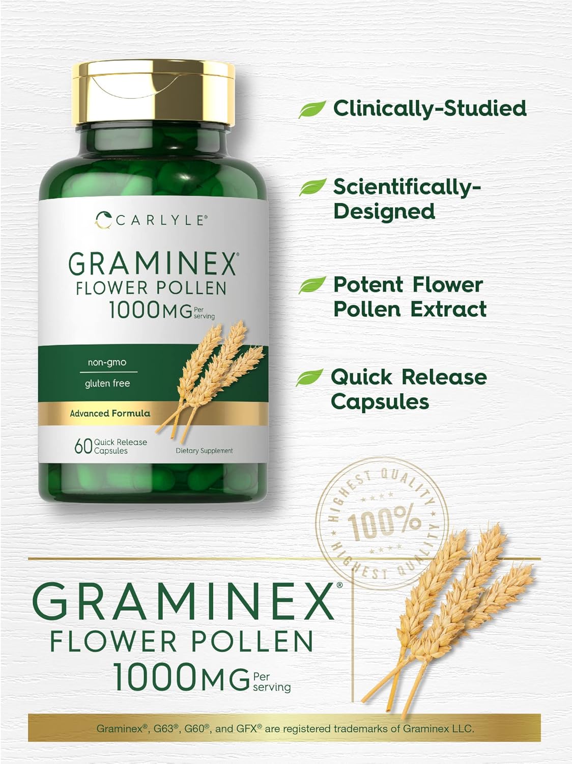 Carlyle Graminex Flower Pollen Extract Capsules - 1000mg, 60 Count - Non-GMO & Gluten-Free
