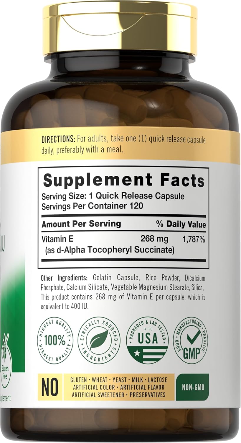 Carlyle High Potency Dry Vitamin E Capsules - 400 IU (268mg) - Non-GMO & Gluten Free - 120 Count