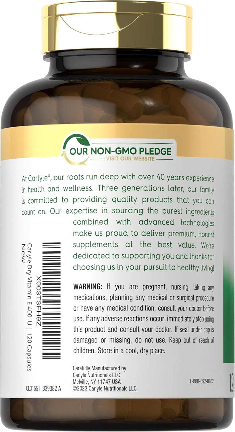 Carlyle High Potency Dry Vitamin E Capsules - 400 IU (268mg) - Non-GMO & Gluten Free - 120 Count